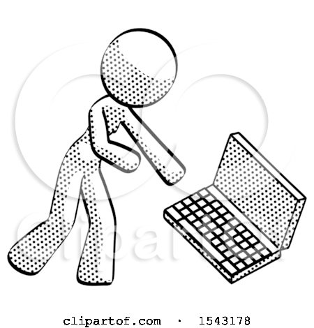 Halftone Design Mascot Woman Throwing Laptop Computer in Frustration by Leo Blanchette