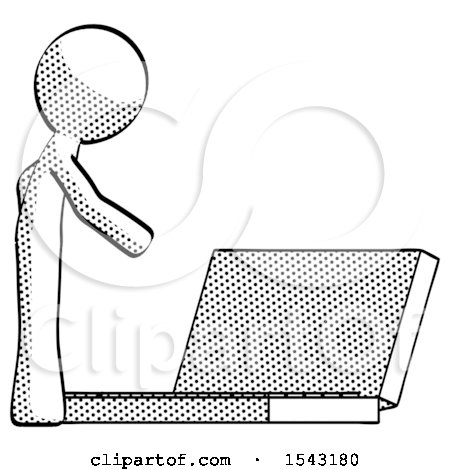 Halftone Design Mascot Man Using Large Laptop Computer Side Orthographic View by Leo Blanchette