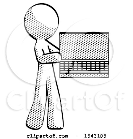 Halftone Design Mascot Man Holding Laptop Computer Presenting Something on Screen by Leo Blanchette