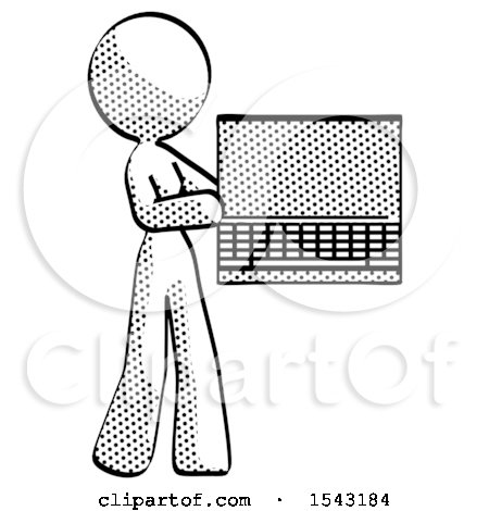 Halftone Design Mascot Woman Holding Laptop Computer Presenting Something on Screen by Leo Blanchette