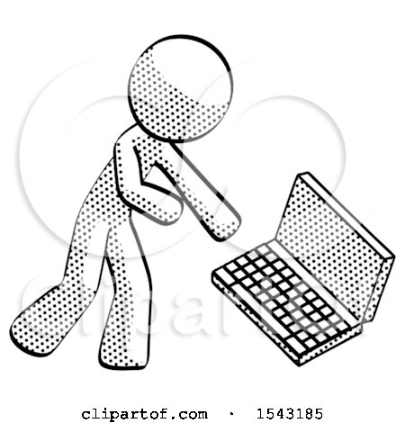 Halftone Design Mascot Man Throwing Laptop Computer in Frustration by Leo Blanchette