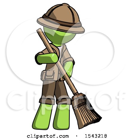 Green Explorer Ranger Man Sweeping Area with Broom by Leo Blanchette