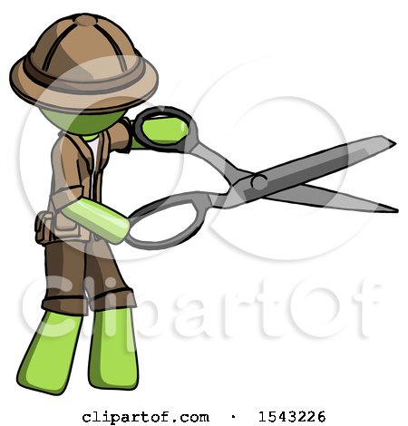 Green Explorer Ranger Man Holding Giant Scissors Cutting out Something by Leo Blanchette