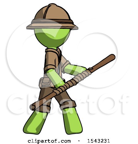 Green Explorer Ranger Man Holding Bo Staff in Sideways Defense Pose by Leo Blanchette
