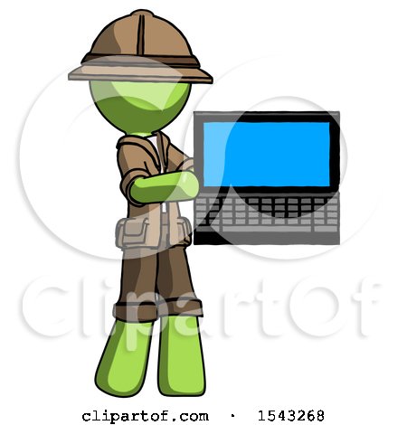 Green Explorer Ranger Man Holding Laptop Computer Presenting Something on Screen by Leo Blanchette