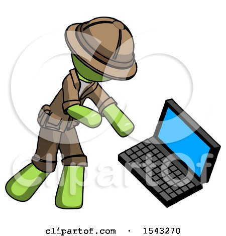 Green Explorer Ranger Man Throwing Laptop Computer in Frustration by Leo Blanchette
