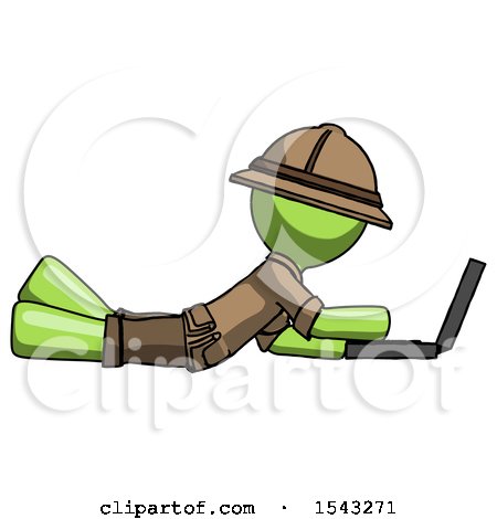 Green Explorer Ranger Man Using Laptop Computer While Lying on Floor Side View by Leo Blanchette