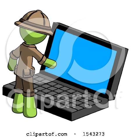 Green Explorer Ranger Man Using Large Laptop Computer by Leo Blanchette