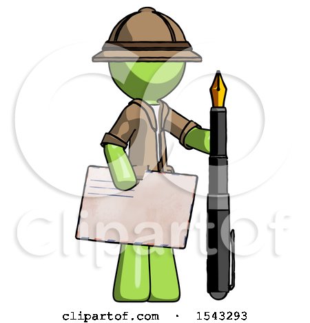 Green Explorer Ranger Man Holding Large Envelope and Calligraphy Pen by Leo Blanchette