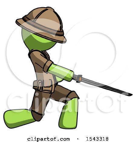Green Explorer Ranger Man with Ninja Sword Katana Slicing or Striking Something by Leo Blanchette