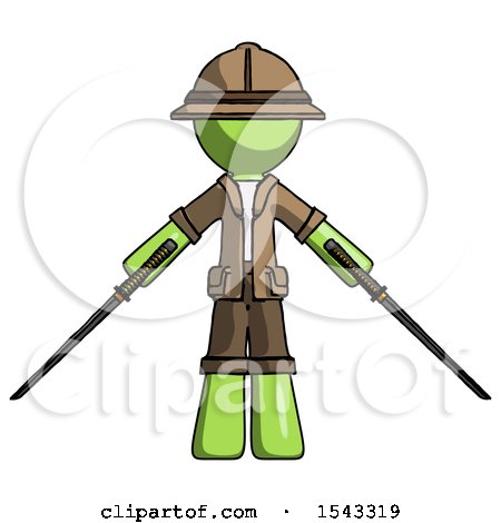 Green Explorer Ranger Man Posing with Two Ninja Sword Katanas by Leo Blanchette