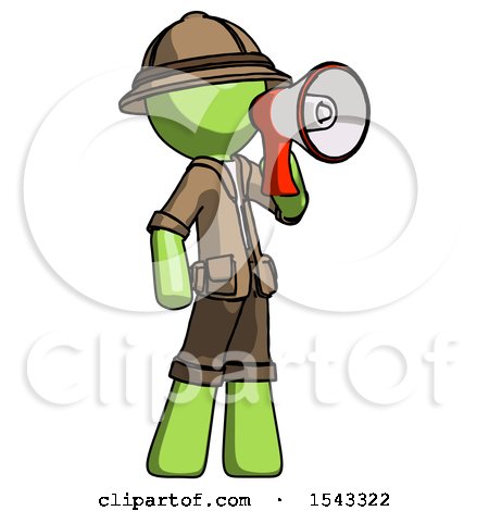 Green Explorer Ranger Man Shouting into Megaphone Bullhorn Facing Right by Leo Blanchette