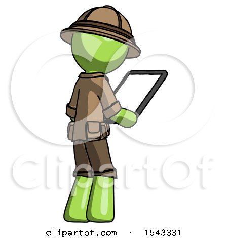 Green Explorer Ranger Man Looking at Tablet Device Computer Facing Away by Leo Blanchette