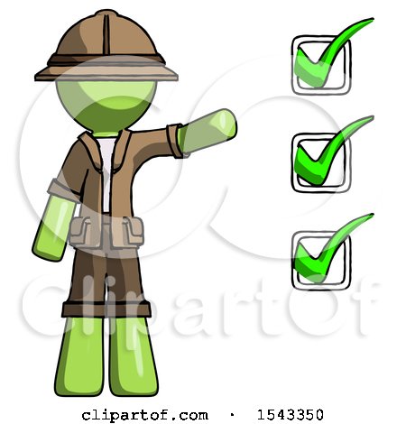 Green Explorer Ranger Man Standing by List of Checkmarks by Leo Blanchette
