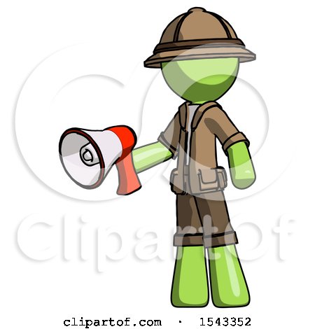 Green Explorer Ranger Man Holding Megaphone Bullhorn Facing Right by Leo Blanchette