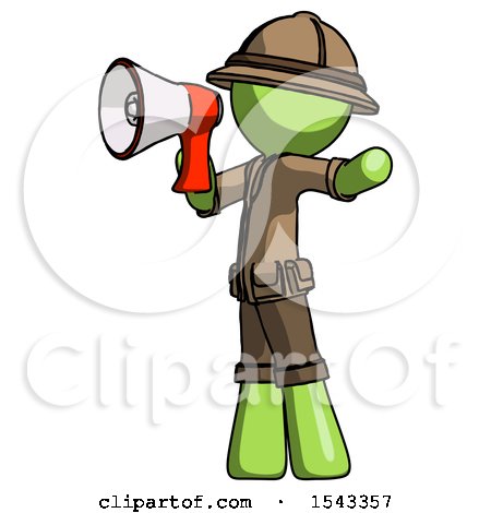 Green Explorer Ranger Man Shouting into Megaphone Bullhorn Facing Left by Leo Blanchette