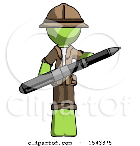 Green Explorer Ranger Man Posing Confidently with Giant Pen by Leo Blanchette