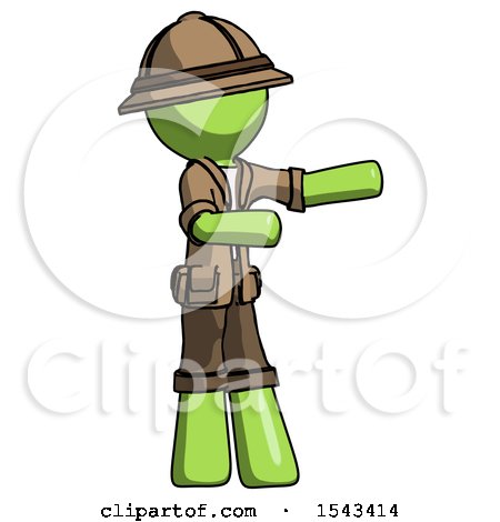Green Explorer Ranger Man Presenting Something to His Left by Leo Blanchette