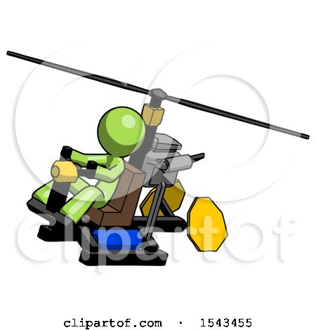 Green Design Mascot Man Flying in Gyrocopter Front Side Angle Top View by Leo Blanchette