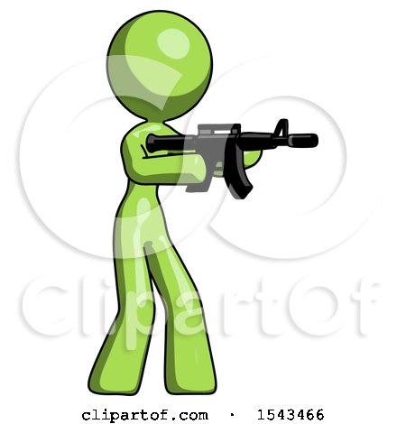 Green Design Mascot Woman Shooting Automatic Assault Weapon by Leo Blanchette