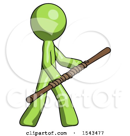 Green Design Mascot Man Holding Bo Staff in Sideways Defense Pose by Leo Blanchette