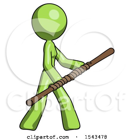 Green Design Mascot Woman Holding Bo Staff in Sideways Defense Pose by Leo Blanchette
