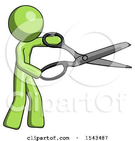 Green Design Mascot Man Holding Giant Scissors Cutting out Something by Leo Blanchette