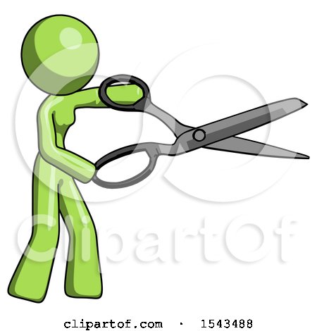 Green Design Mascot Woman Holding Giant Scissors Cutting out Something by Leo Blanchette