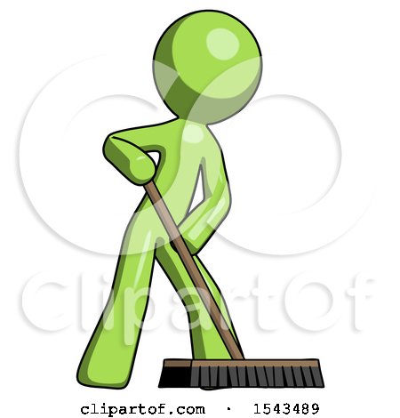 Green Design Mascot Man Cleaning Services Janitor Sweeping Floor with Push Broom by Leo Blanchette