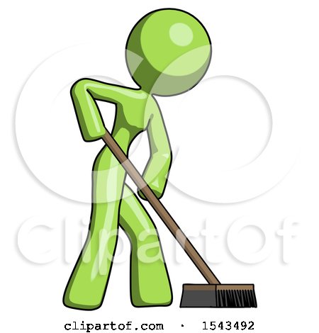 Green Design Mascot Woman Cleaning Services Janitor Sweeping Side View by Leo Blanchette