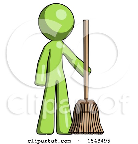 Green Design Mascot Man Standing with Broom Cleaning Services by Leo Blanchette