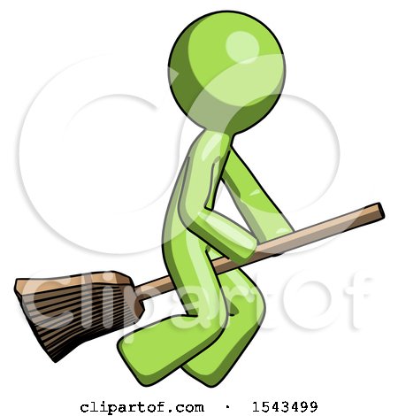 Green Design Mascot Man Flying on Broom by Leo Blanchette