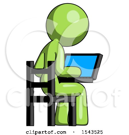 Green Design Mascot Woman Using Laptop Computer While Sitting in Chair View from Back by Leo Blanchette