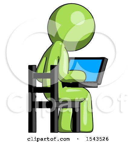 Green Design Mascot Man Using Laptop Computer While Sitting in Chair View from Back by Leo Blanchette