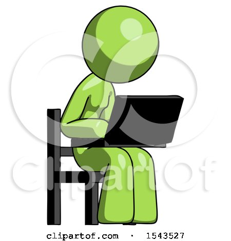 Green Design Mascot Woman Using Laptop Computer While Sitting in Chair Angled Right by Leo Blanchette
