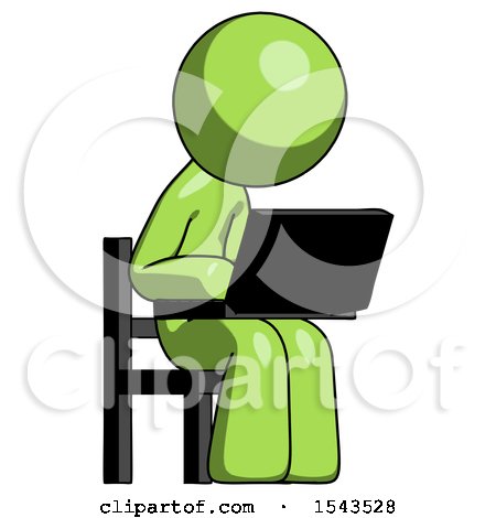 Green Design Mascot Man Using Laptop Computer While Sitting in Chair Angled Right by Leo Blanchette