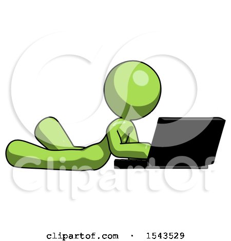 Green Design Mascot Woman Using Laptop Computer While Lying on Floor Side Angled View by Leo Blanchette