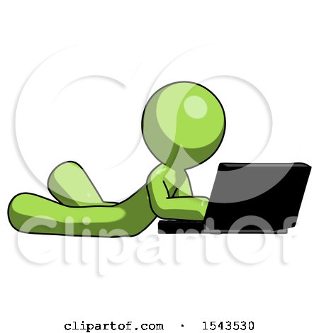 Green Design Mascot Man Using Laptop Computer While Lying on Floor Side Angled View by Leo Blanchette