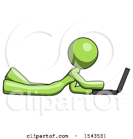 Green Design Mascot Woman Using Laptop Computer While Lying on Floor Side View by Leo Blanchette