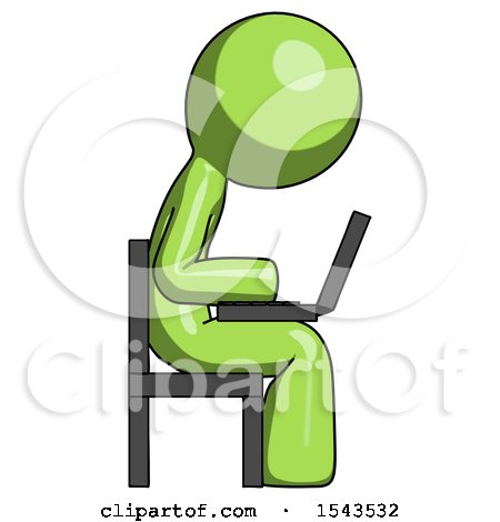 Green Design Mascot Man Using Laptop Computer While Sitting in Chair View from Side by Leo Blanchette