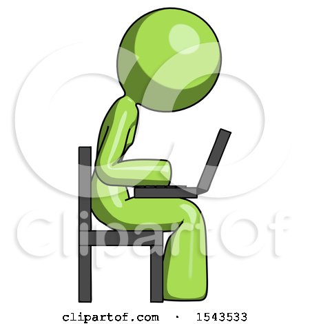Green Design Mascot Woman Using Laptop Computer While Sitting in Chair View from Side by Leo Blanchette