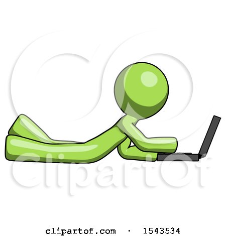 Green Design Mascot Man Using Laptop Computer While Lying on Floor Side View by Leo Blanchette