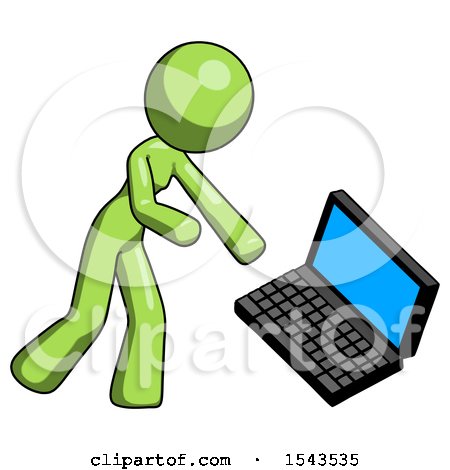 Green Design Mascot Woman Throwing Laptop Computer in Frustration by Leo Blanchette