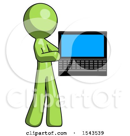 Green Design Mascot Man Holding Laptop Computer Presenting Something on Screen by Leo Blanchette