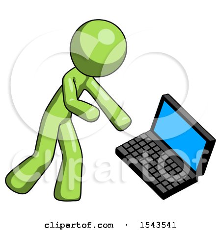 Green Design Mascot Man Throwing Laptop Computer in Frustration by Leo Blanchette