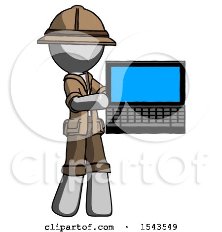 Gray Explorer Ranger Man Holding Laptop Computer Presenting Something on Screen by Leo Blanchette