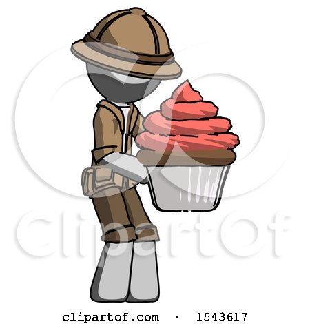 Gray Explorer Ranger Man Holding Large Cupcake Ready to Eat or Serve by Leo Blanchette
