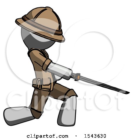 Gray Explorer Ranger Man with Ninja Sword Katana Slicing or Striking Something by Leo Blanchette