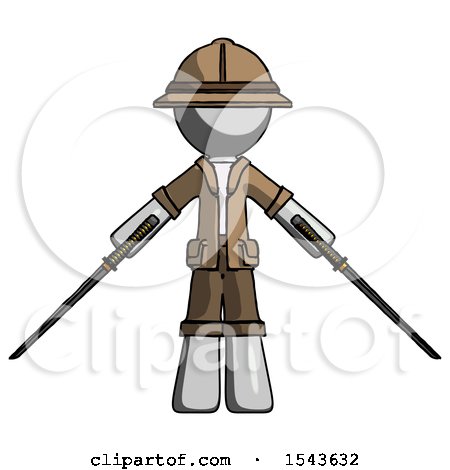 Gray Explorer Ranger Man Posing with Two Ninja Sword Katanas by Leo Blanchette