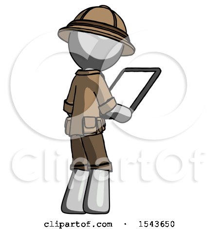 Gray Explorer Ranger Man Looking at Tablet Device Computer Facing Away by Leo Blanchette